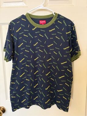 Supreme Scatter Ringer Tee T-Shirt Navy /Green All Over Print  Crewneck  size S